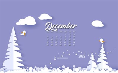 calendario dicembre 2022, 4k, sfondo della foresta invernale, sfondo viola, sfondo di carta invernale, origami inverno, dicembre, calendario invernale 2022, concetti 2022