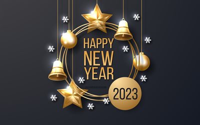 bonne année 2023, 4k, cadre de noël doré, 2023 fond doré noir, concepts 2023, décorations de noël dorées, carte de voeux 2023
