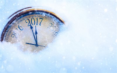 Happy New Year 2017, clock, snow, 2017 New Year, Christmas, New Year
