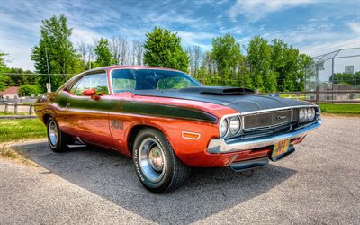 los coches del músculo, el verano de 1970, Dodge Challenger, retro coches, aparcamiento, naranja dodge, HDR