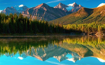 Herbert Lago, verano, puesta de sol, las montañas de Canadá, HDR