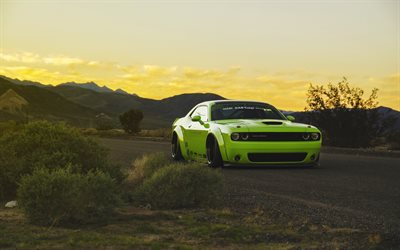 tuning, tramonto, strada, dodge challenger, muscle cars, verde dodge