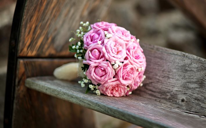 pink roses, blur, wedding bouquet