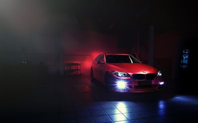 BMW M5, night, F10, tuning, garage, red m5, bmw