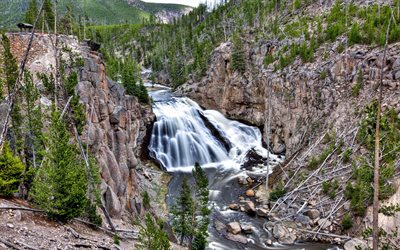 mountain river, waterfall, rocks, mountains, Yellowstone National Park, USA, America