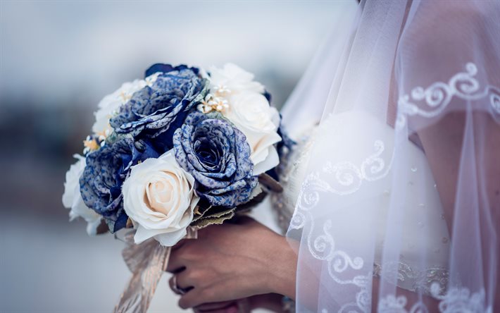 bridal bouquet, roses, bouquets, blue roses, bride