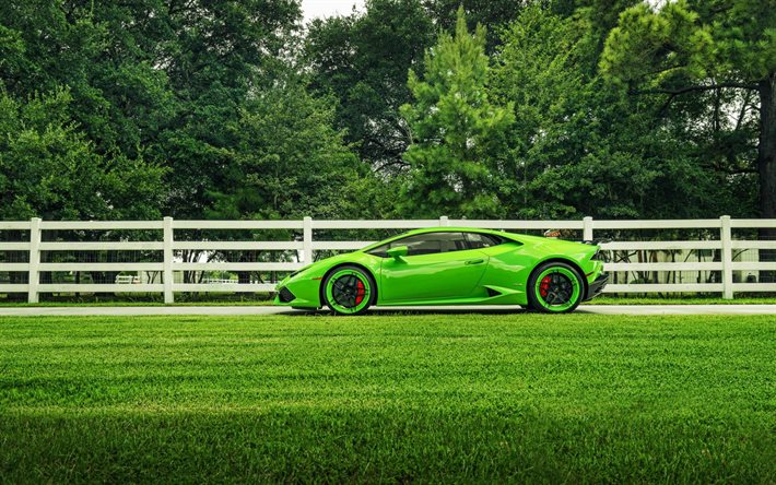 supercars, la route, la pelouse, 2015, Lamborghini Huracan, LP610-4, vert Huracan, tuning, Lamborghini