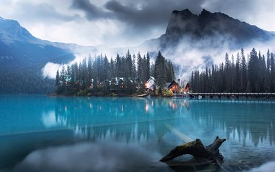 mist, emerald lake, rocks, mountains, Canada, evening, forest