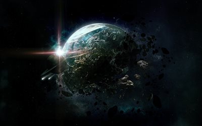 les astéroïdes, la destruction de la planète, galaxie, nébuleuse, planète, étoile lumineuse