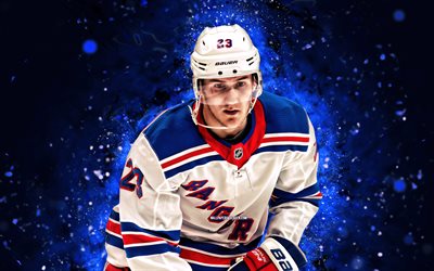4k, Adam Fox, white uniform, New York Rangers, NHL, hockey, blue neon lights, Adam Fox 4K, NY Rangers, blue abstract background, Adam Fox New York Rangers