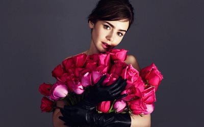 Lily Collins, girls, actress, 2016, roses, beauty, brunette