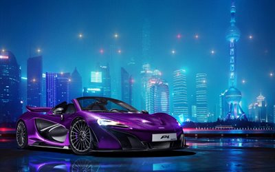supercars, 2016, la McLaren P1 Spyder, la nuit, à Dubaï, violet McLaren
