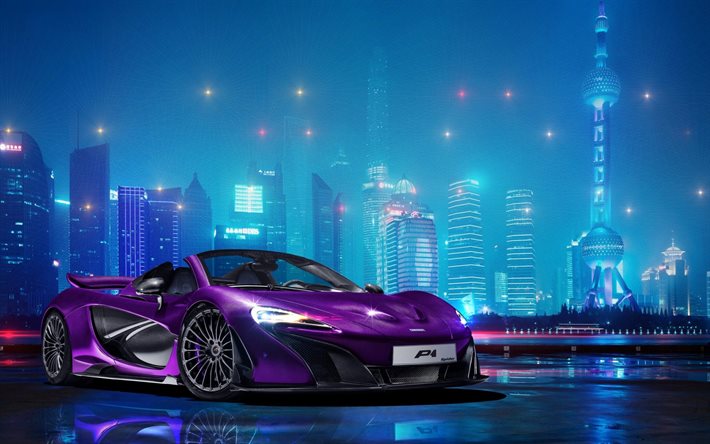 supercars, 2016, McLaren P1 Spyder, la noche, Dubai, púrpura McLaren