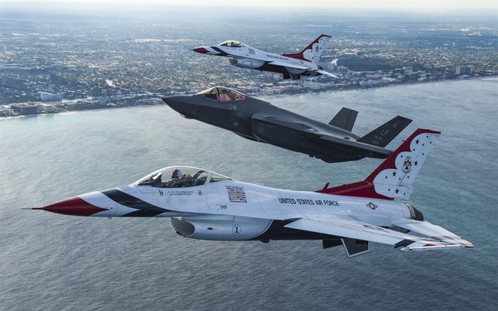 f-16, f-35a, thunderbird, usaf air demonstration squadron, us air force, militärflygplan, stridsflygplan, skvadrondemonstration, aerobatik
