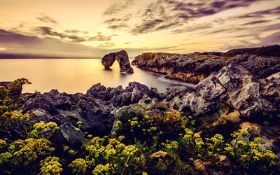 seascape, evening, rocks, sunset, tranquility concepts, sea, coast, rocks in the water