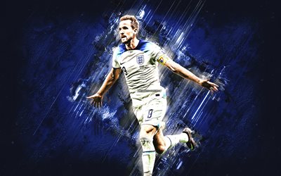 harry kane, englands nationella fotbollslag, porträtt, blå grunge bakgrund, engelska, fotboll