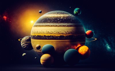 pianeti del sistema solare, 3d art, riga planetaria, sistema solare, universo, terra, marte, giove, venere, urano, plutone, mercurio
