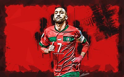 4k, hakim ziyech, arte grune, equipo de fútbol nacional de marruecos, fútbol, futbolistas, fondo grune rojo, equipo de fútbol marroquí, hakim ziyech 4k