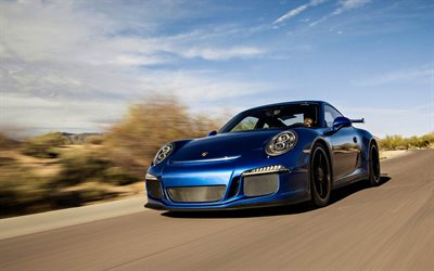 supercars, la Porsche 911 GT3 RS, la route, le mouvement, bleu Porsche