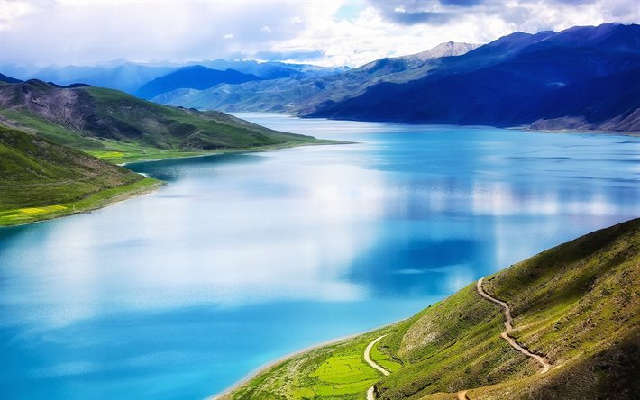 ásia, yamdroktso paradise lake, montanhas, lago azul, tibete