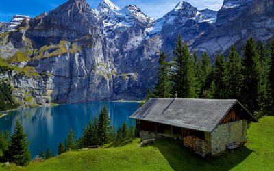 Oeschinen झील, गर्मी, पहाड़ों, झोपड़ी, स्विट्जरलैंड