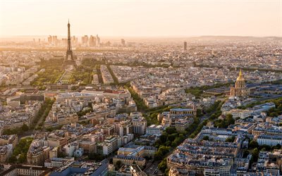 Montparnasse, Eiffel Tower, skyline cityscapes, french cities, sunset, Paris, France, Europe, Paris landmarks