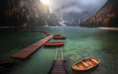 Lake Braies, Pragser Wildsee, Dolomites, evening, sunset, mountain lake, glacial lake, Alps, boats on the lake, mountain landscape, autumn, Italy