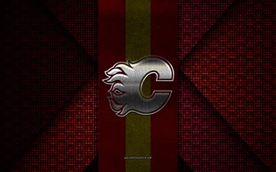Calgary Flames, NHL, red knitted texture, Calgary Flames logo, Canadian hockey club, Calgary Flames emblem, hockey, Alberta, Canada, USA