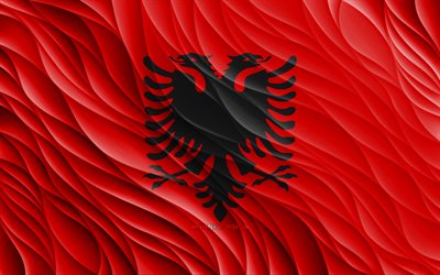 4k, العلم الألباني, أعلام 3d متموجة, الدول الأوروبية, علم ألبانيا, يوم ألبانيا, موجات ثلاثية الأبعاد, أوروبا, الرموز الوطنية الألبانية, ألبانيا