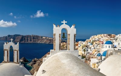 Santorini, Fira, summer, bell tower, Thira, Aegean Sea, seascape, white houses, Greece, Aegean island