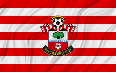 साउथेम्प्टन एफसी, 4k, लाल सफेद लहराती झंडा, प्रीमियर लीग, फ़ुटबॉल, 3डी कपड़े के झंडे, साउथेम्प्टन एफसी झंडा, साउथेम्प्टन एफसी लोगो, अंग्रेजी फुटबॉल क्लब, एफसी साउथेम्प्टन