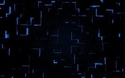 schwarzblauer 3d-würfelhintergrund, 3d-hintergrund der digitalen kunst, 3d-würfelhintergrund, blaue neonlichter, blaulicht-3d-hintergrund, kreativer blauer 3d-hintergrund