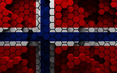 4k, bandiera della norvegia, sfondo esagonale 3d, bandiera norvegese 3d, giorno della norvegia, struttura esagonale 3d, bandiera norvegese, simboli nazionali norvegesi, norvegia, paesi europei