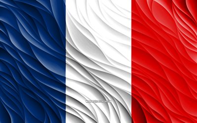 4k, العلم الفرنسي, أعلام 3d متموجة, الدول الأوروبية, علم فرنسا, يوم فرنسا, موجات ثلاثية الأبعاد, أوروبا, الرموز الوطنية الفرنسية, فرنسا