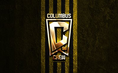 コロンバスクルーのゴールデンロゴ, 4k, 黄色い石の背景, mls, アメリカのサッカークラブ, コロンバスクルーのロゴ, サッカー, コロンバスクルーfc, フットボール, コロンバスクルー