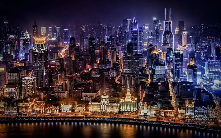 상하이, 밤, 항구, 고층 빌딩, 중국