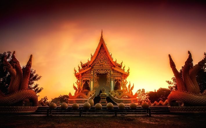 tailândia, templo, estátua, pôr do sol