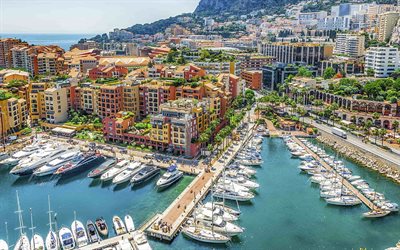Monte-Carlo, aerial view, bay, luxury yachts, sailboats, Monte-Carlo cityscape, summer, tourism, Monaco