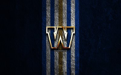 Winnipeg Blue Bombers golden logo, 4k, blue stone background, CFL, canadian football team, Winnipeg Blue Bombers logo, canadian football, Winnipeg Blue Bombers