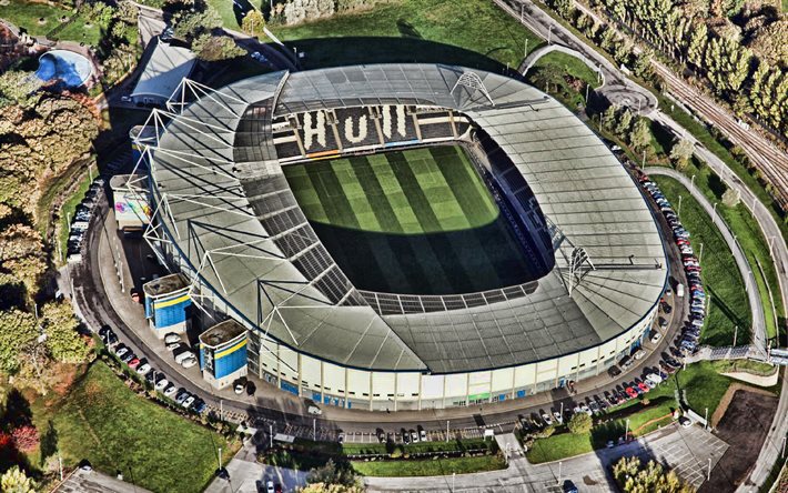 mkm stadium, vista desde arriba, aerial view, hull city stadium, premier league, inglaterra, football stadium, kc stadium, kingston up hull, hull city fc