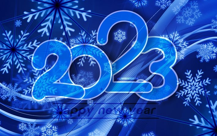 새해 복 많이 받으세요 2023, 4k, 파란색 추상 배경, 파란색 종이 숫자, 2023 개념, 2023 새해 복 많이 받으세요, 3d 아트, 창의적인, 2023 파란색 배경, 2023 년, 2023 3d 자리