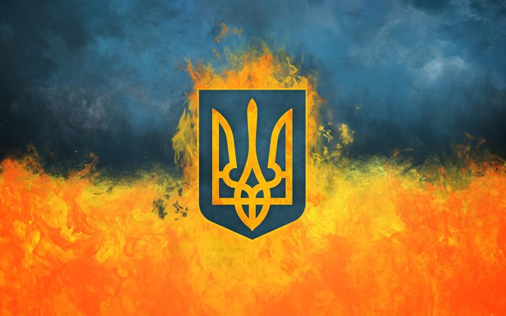 coat of arms of ukraine, fire, ukrainian flag, ukraine, the flag of ukraine