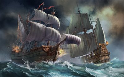 storm, bild, stridsfregatter, pirater