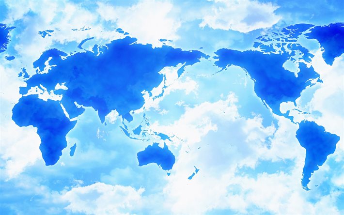 néon, fundo azul, mapa do mundo, céu azul