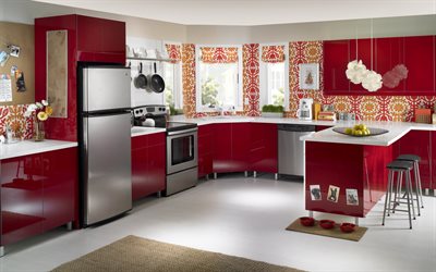 the interior of the kitchen, red kitchen, reds