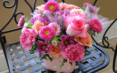 rosas, claveles de color rosa, hermosos ramos de flores, ramos preciosos, la polonia rosas