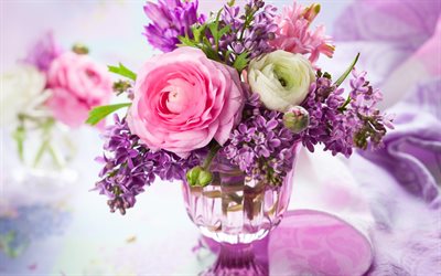 a beautiful bouquet, lilac, ranunculus, garnier bouquet, the buzok