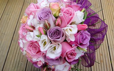 ポーランドバラ, 結婚式の花束, rhinestones, コギキョウ, バラ, 雲