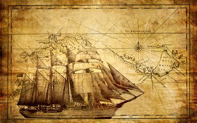 セーリング, レトロ, 古い帆船, 地図, 古紙