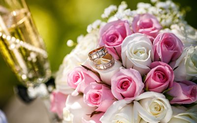 matrimonio, bouquet da sposa, fedi nuziali, anelli di nozze